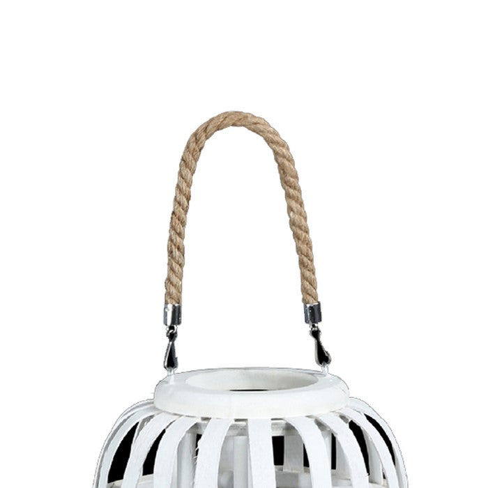 Wooden Lantern with Octagonal Cut Out and Rope Hanger, Medium, White