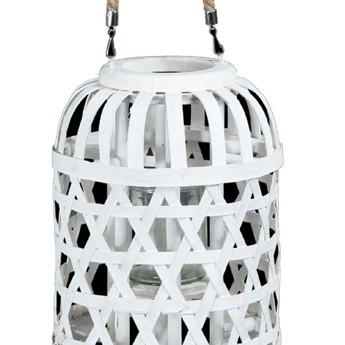 Wooden Lantern with Octagonal Cut Out and Rope Hanger, Medium, White