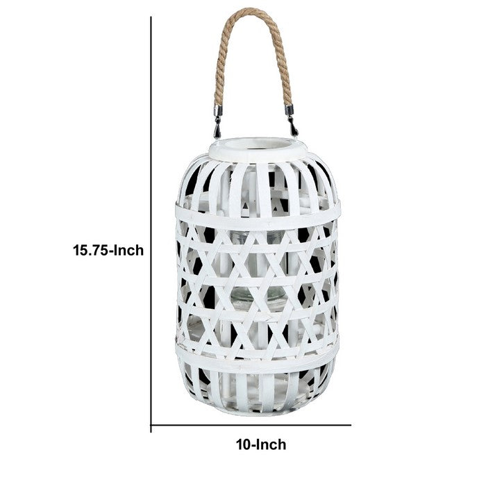 Wooden Lantern with Octagonal Cut Out and Rope Hanger, Medium, White