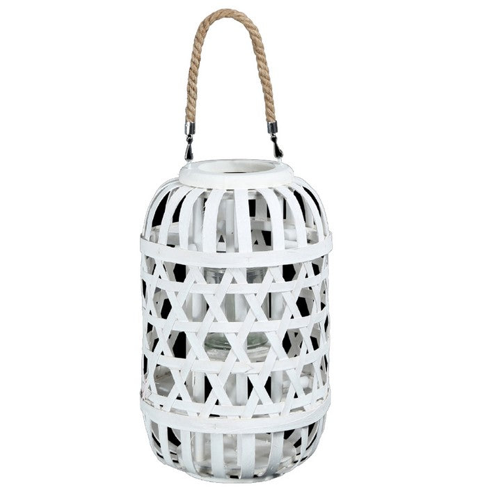 Wooden Lantern with Octagonal Cut Out and Rope Hanger, Medium, White