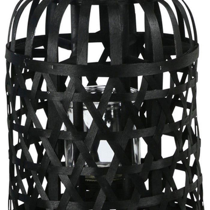 Wooden Lantern with Octagonal Cut Out and Rope Hanger, Medium, Black