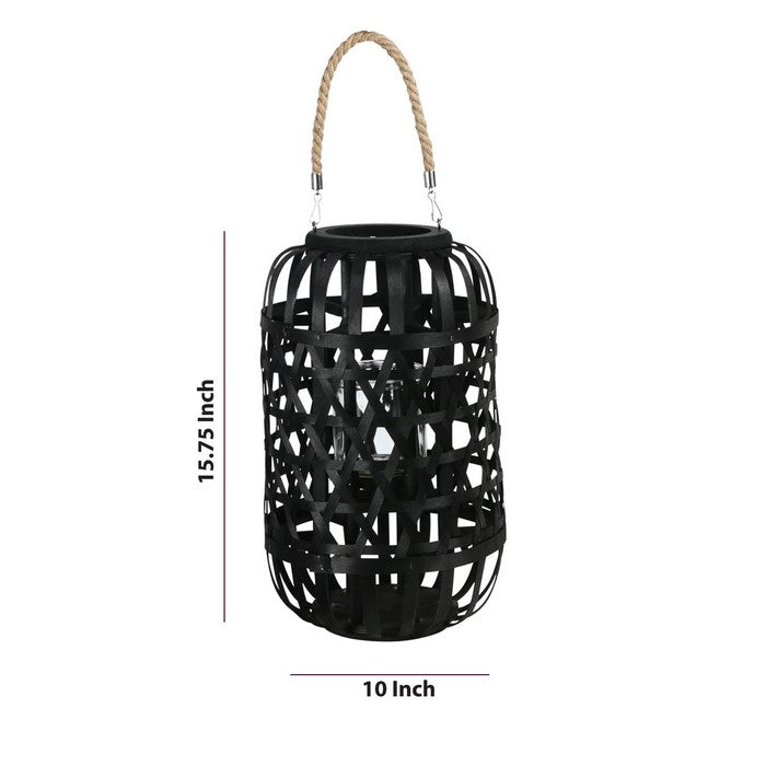 Wooden Lantern with Octagonal Cut Out and Rope Hanger, Medium, Black