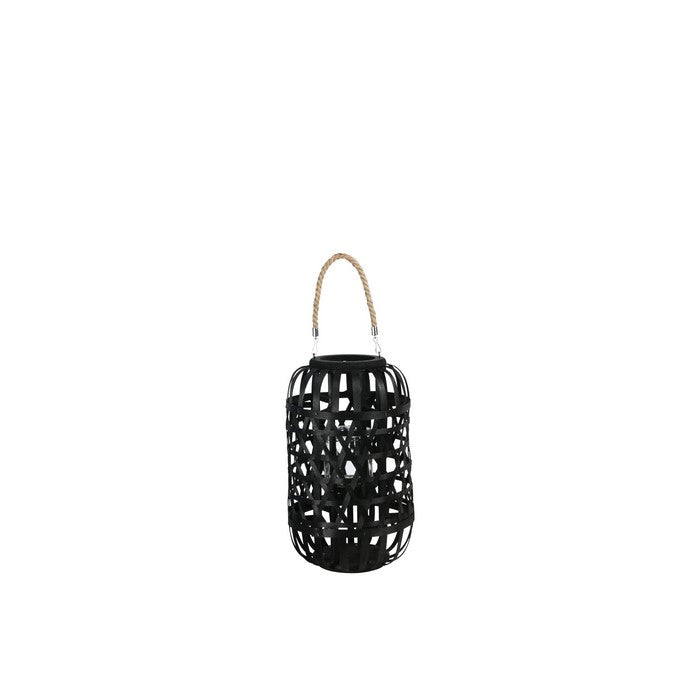 Wooden Lantern with Octagonal Cut Out and Rope Hanger, Medium, Black
