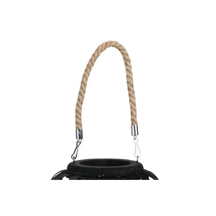 Wooden Lantern with Octagonal Cut Out and Rope Hanger, Small, Black