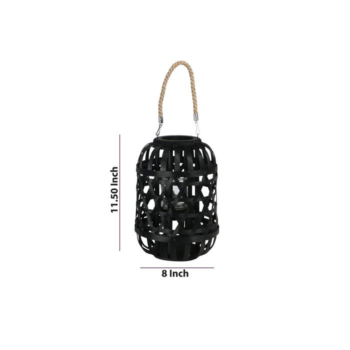 Wooden Lantern with Octagonal Cut Out and Rope Hanger, Small, Black