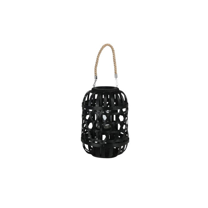 Wooden Lantern with Octagonal Cut Out and Rope Hanger, Small, Black