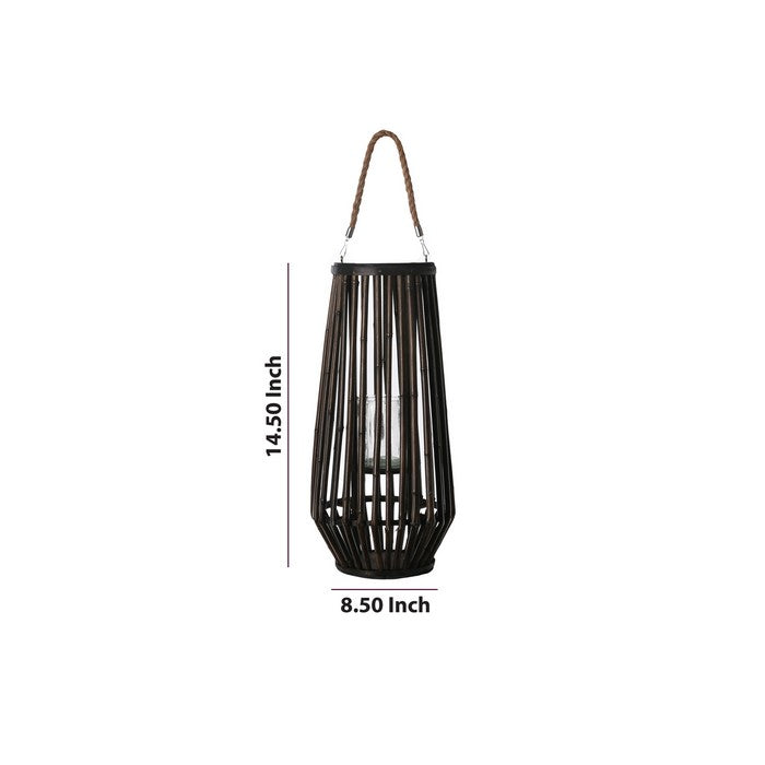 Bamboo Caged Glass Hurricane Lantern with Tapered Bottom, Small, Dark Brown