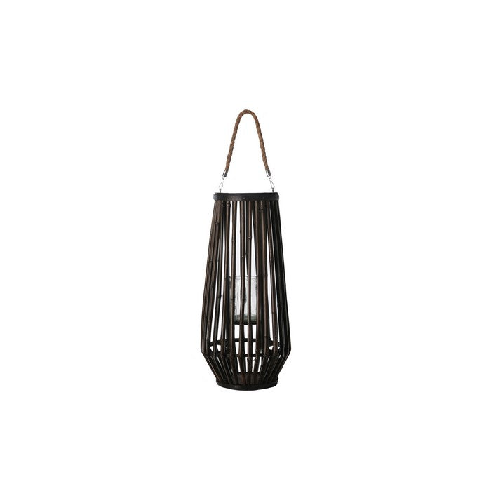 Bamboo Caged Glass Hurricane Lantern with Tapered Bottom, Small, Dark Brown