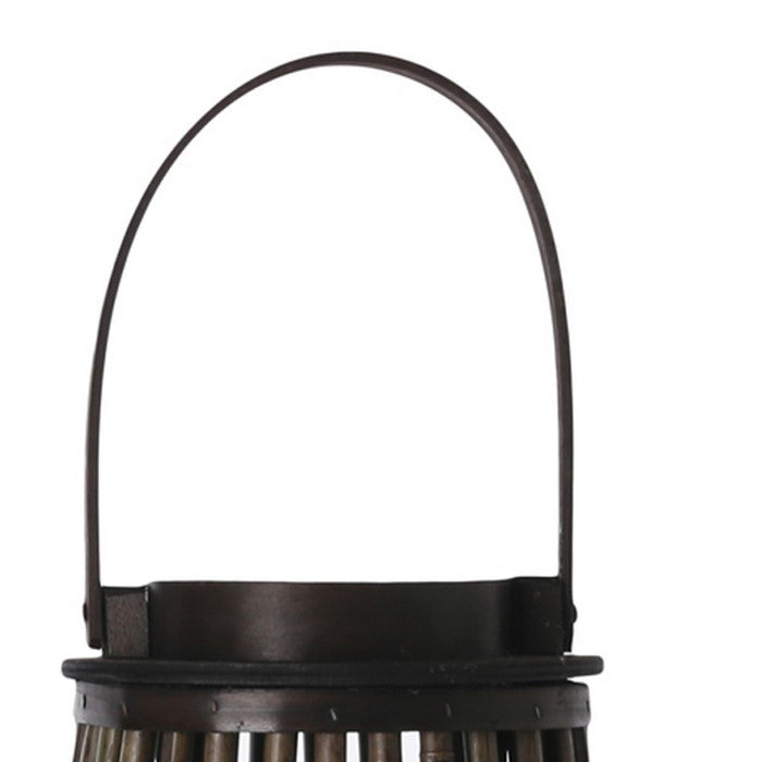 Flared and Caged Bamboo Lantern with Glass Hurricane, Dark Brown