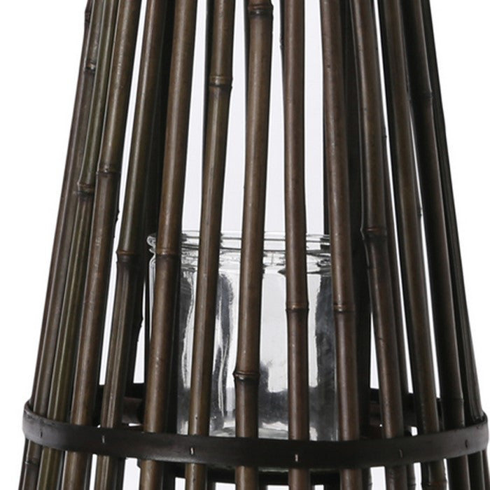 Flared and Caged Bamboo Lantern with Glass Hurricane, Dark Brown