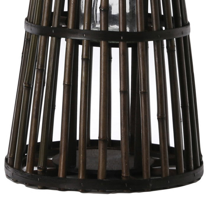 Flared and Caged Bamboo Lantern with Glass Hurricane, Dark Brown