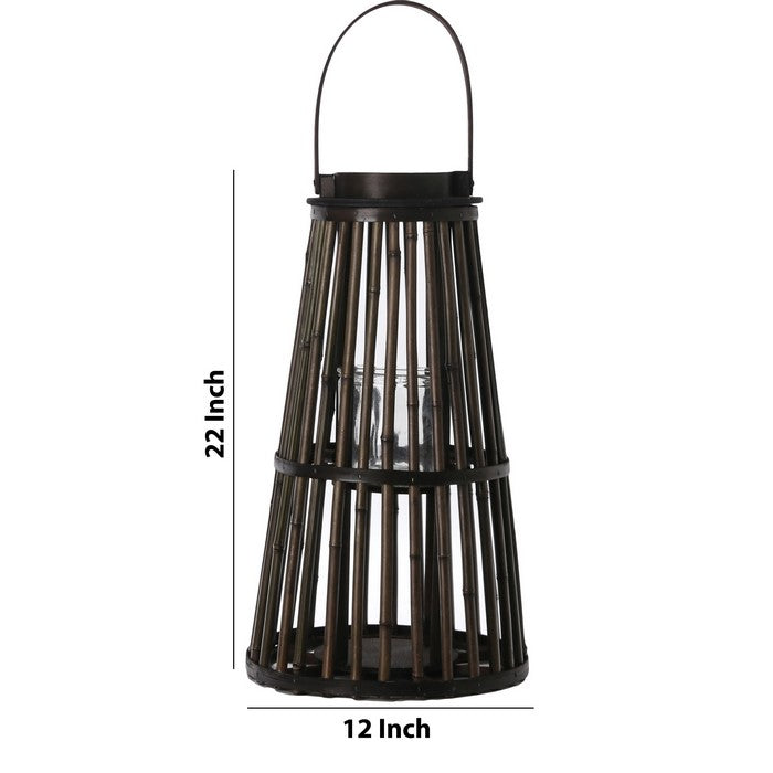 Flared and Caged Bamboo Lantern with Glass Hurricane, Dark Brown