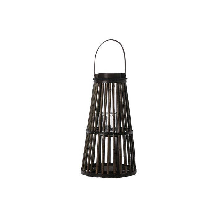 Flared and Caged Bamboo Lantern with Glass Hurricane, Dark Brown
