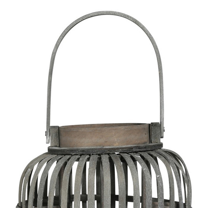 Wooden Caged Decorative Lantern with Glass Hurricane, Large, Gray