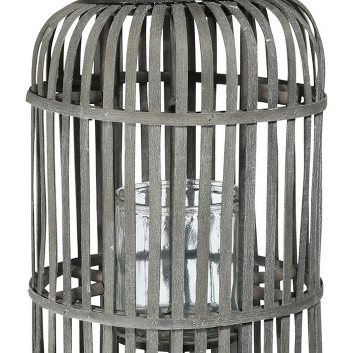 Wooden Caged Decorative Lantern with Glass Hurricane, Large, Gray