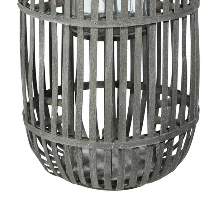 Wooden Caged Decorative Lantern with Glass Hurricane, Large, Gray