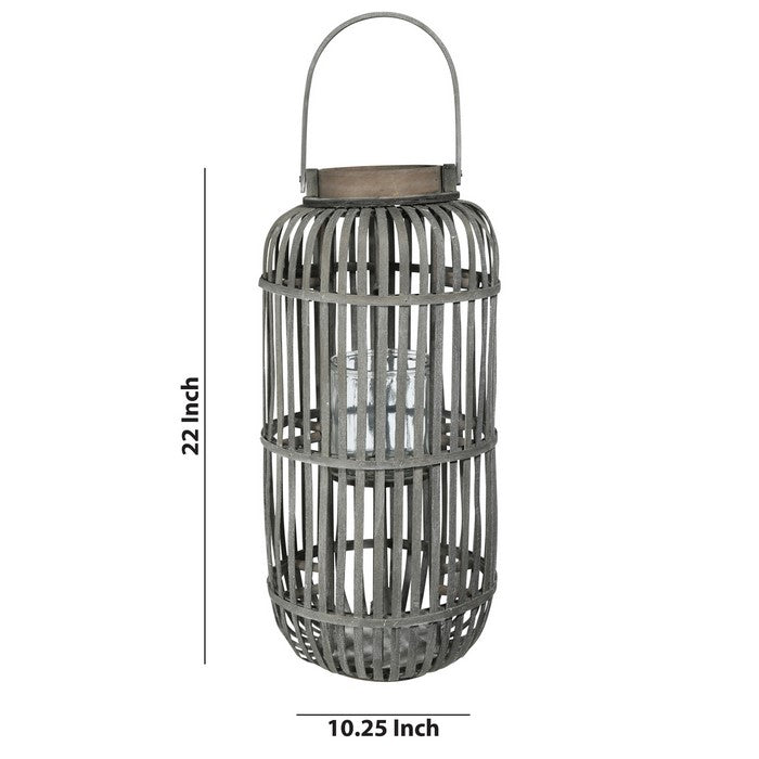 Wooden Caged Decorative Lantern with Glass Hurricane, Large, Gray