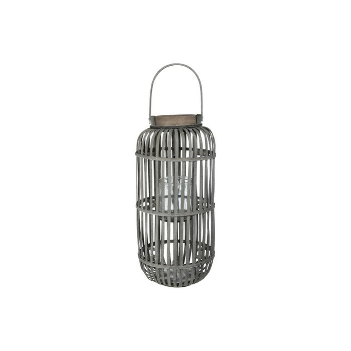 Wooden Caged Decorative Lantern with Glass Hurricane, Large, Gray