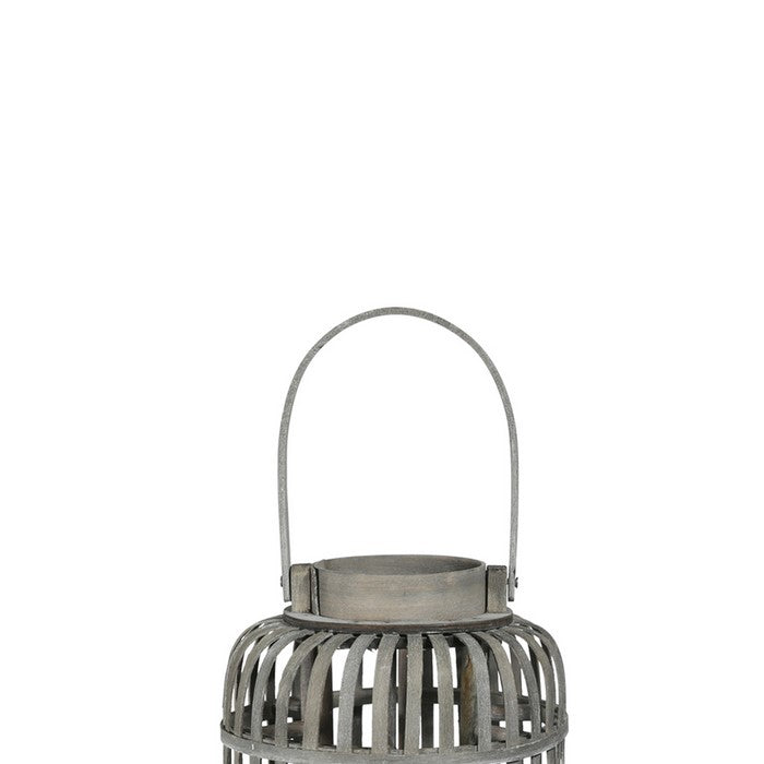 Wooden Caged Decorative Lantern with Glass Hurricane, Medium, Gray