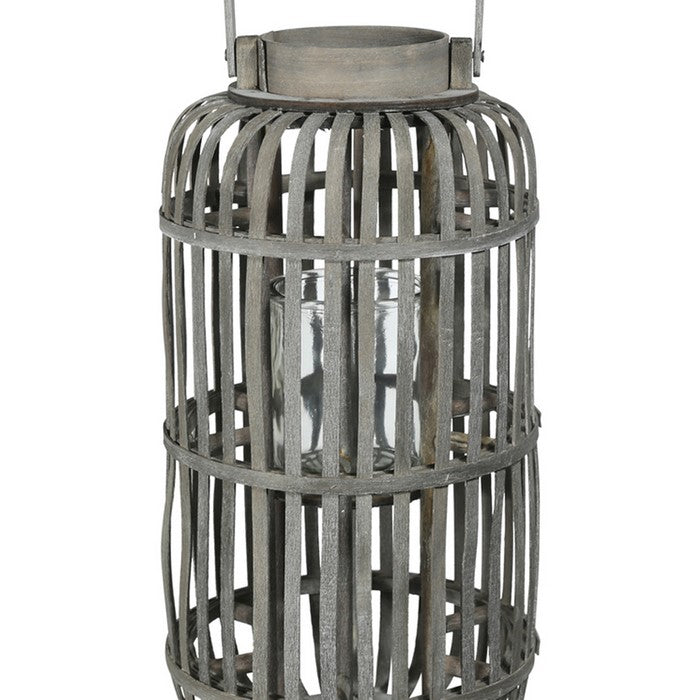 Wooden Caged Decorative Lantern with Glass Hurricane, Medium, Gray