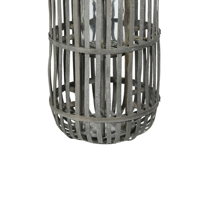 Wooden Caged Decorative Lantern with Glass Hurricane, Medium, Gray