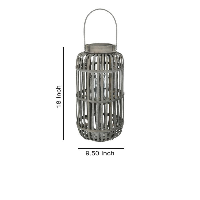 Wooden Caged Decorative Lantern with Glass Hurricane, Medium, Gray