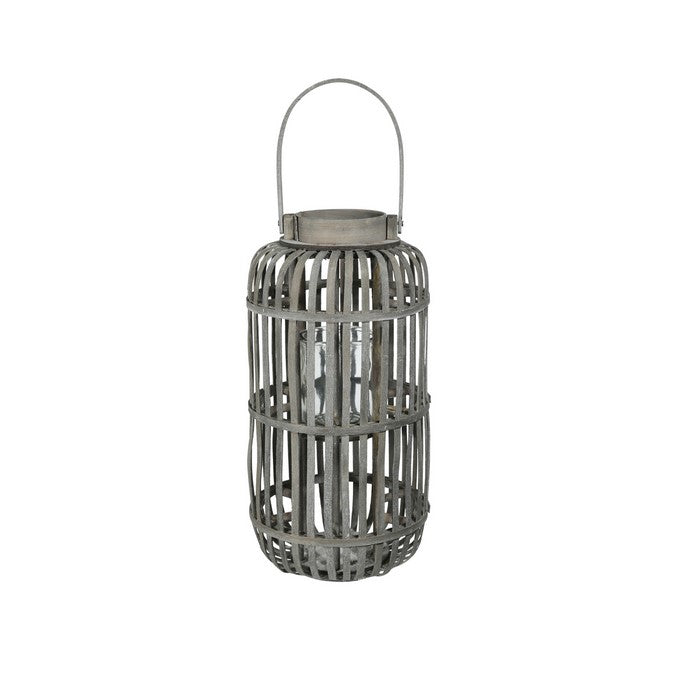 Wooden Caged Decorative Lantern with Glass Hurricane, Medium, Gray