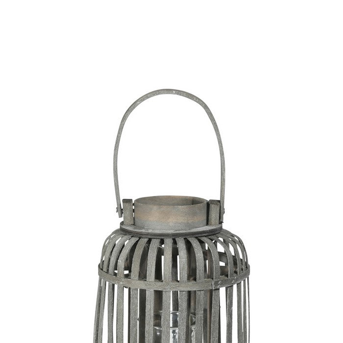 Wooden Caged Decorative Lantern with Glass Hurricane, Small, Gray