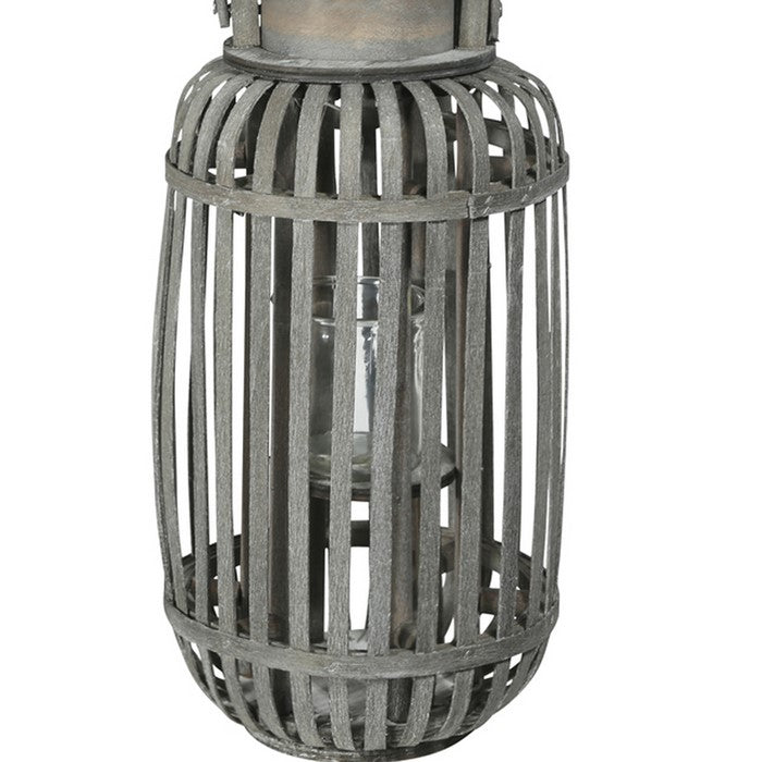 Wooden Caged Decorative Lantern with Glass Hurricane, Small, Gray