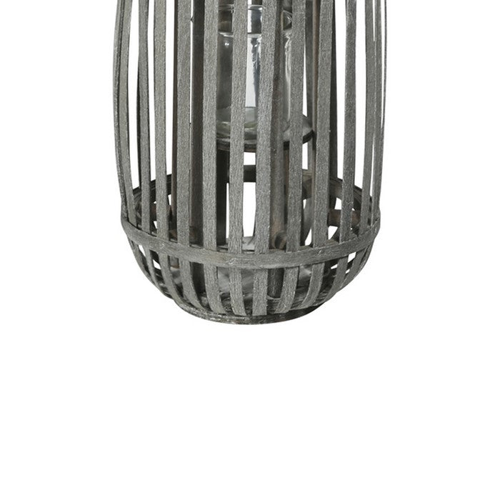 Wooden Caged Decorative Lantern with Glass Hurricane, Small, Gray
