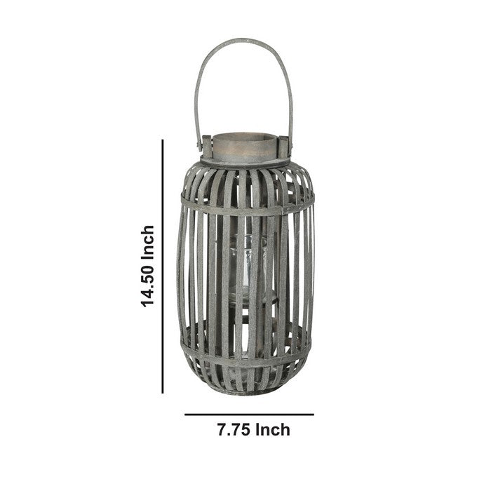 Wooden Caged Decorative Lantern with Glass Hurricane, Small, Gray