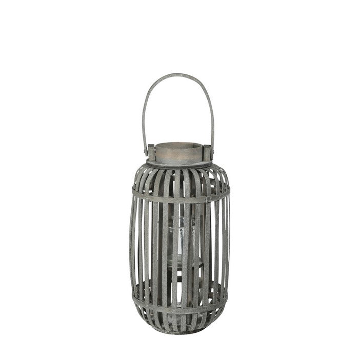 Wooden Caged Decorative Lantern with Glass Hurricane, Small, Gray