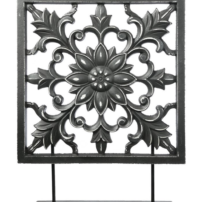 Square Wood and Metal Accent Decor with Floral Cut Outs, Black