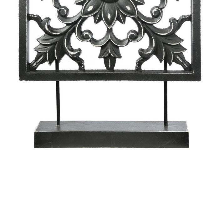 Square Wood and Metal Accent Decor with Floral Cut Outs, Black
