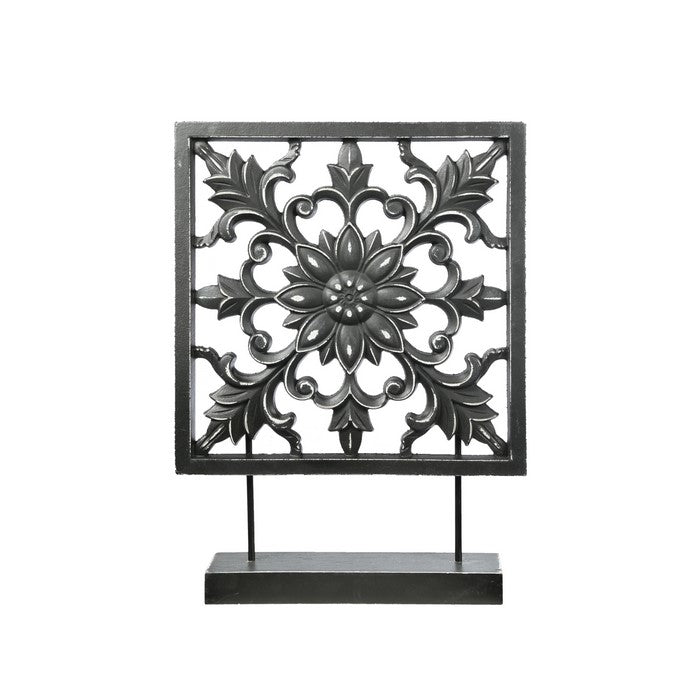 Square Wood and Metal Accent Decor with Floral Cut Outs, Black