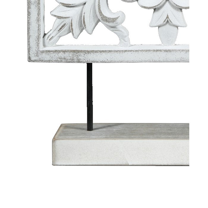 Square Wooden Accent Decor with Floral Cut Outs, White