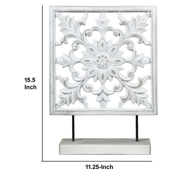 Square Wooden Accent Decor with Floral Cut Outs, White