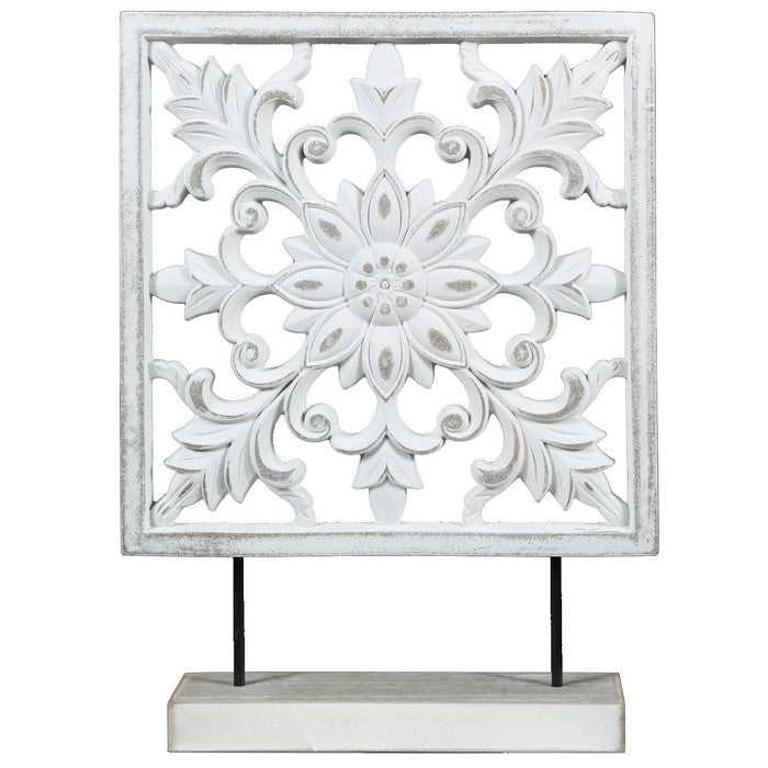 Square Wooden Accent Decor with Floral Cut Outs, White