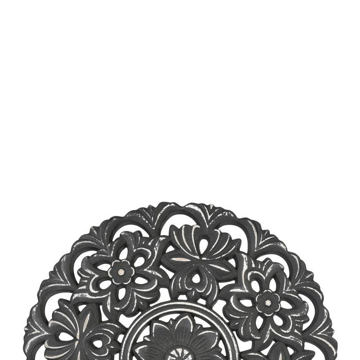 Round Wooden Accent Decor with Floral Cut Out Details, Black