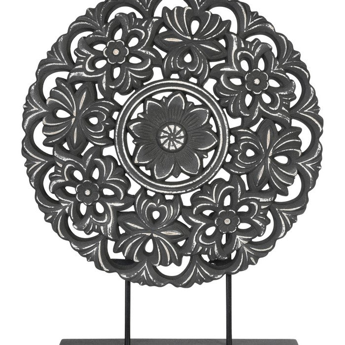 Round Wooden Accent Decor with Floral Cut Out Details, Black