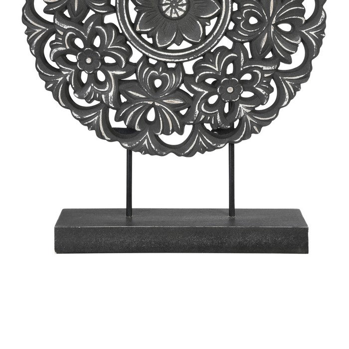 Round Wooden Accent Decor with Floral Cut Out Details, Black