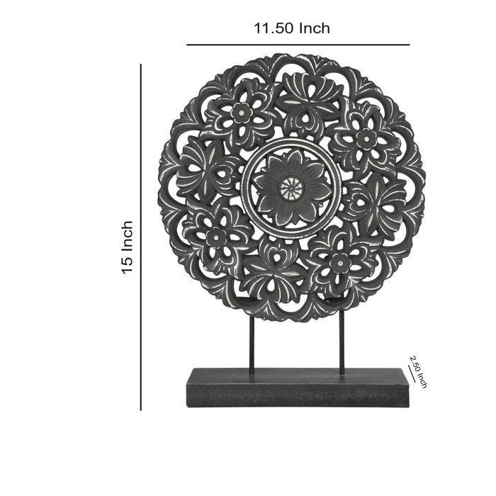 Round Wooden Accent Decor with Floral Cut Out Details, Black