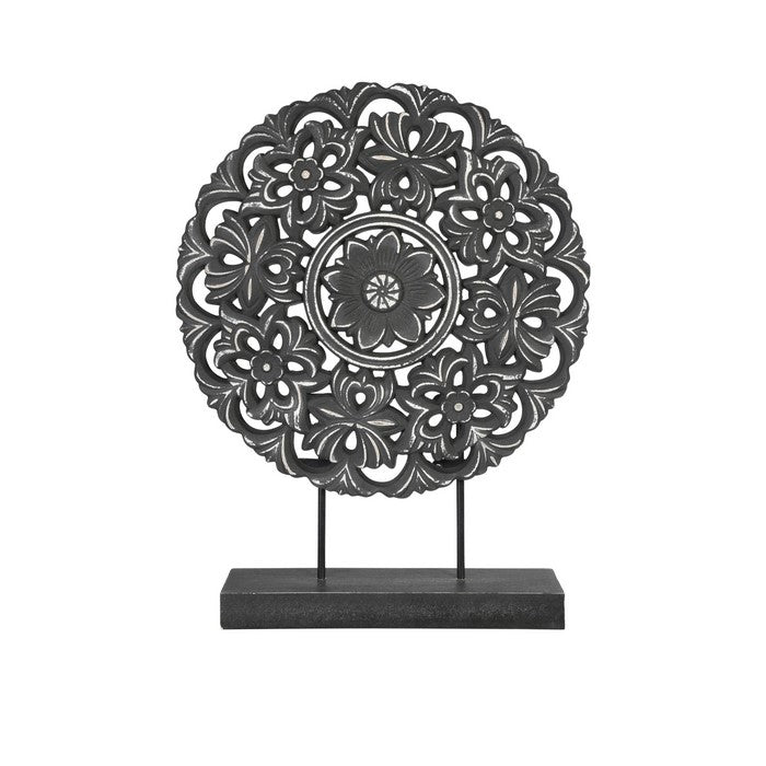 Round Wooden Accent Decor with Floral Cut Out Details, Black