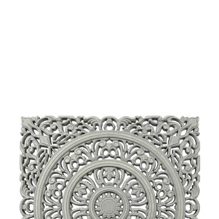 Transitional Wooden Square Accent Decor with Medallion Cut Out, Gray