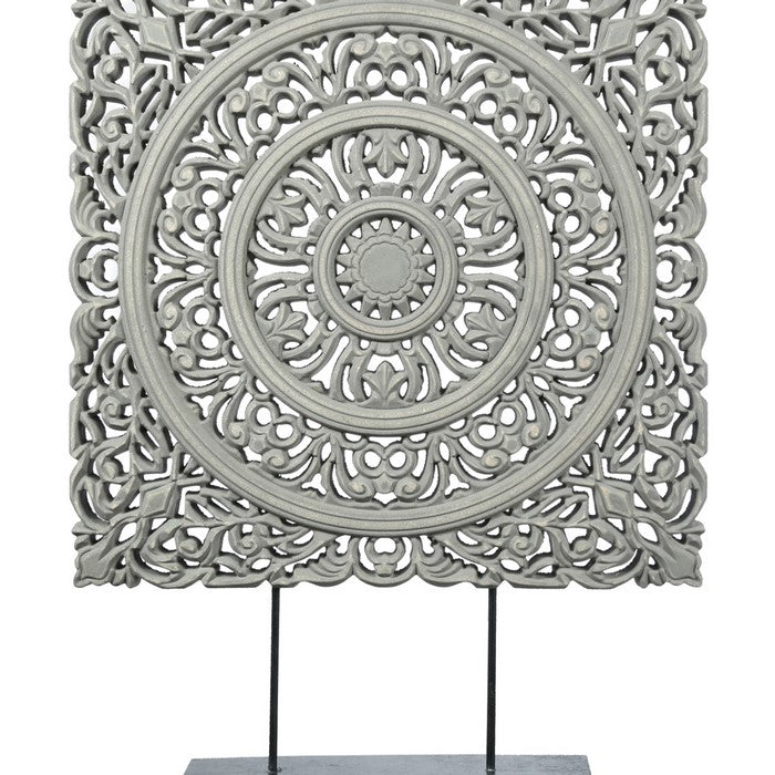 Transitional Wooden Square Accent Decor with Medallion Cut Out, Gray