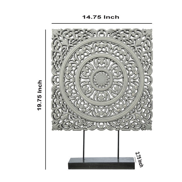 Transitional Wooden Square Accent Decor with Medallion Cut Out, Gray
