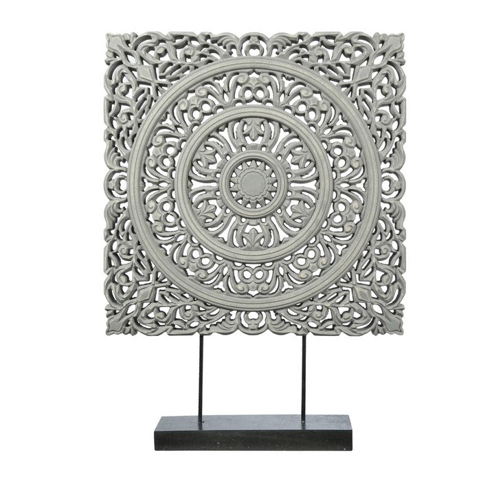 Transitional Wooden Square Accent Decor with Medallion Cut Out, Gray