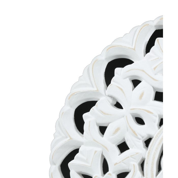 Round Wooden Accent Decor with Floral Cut Out, White