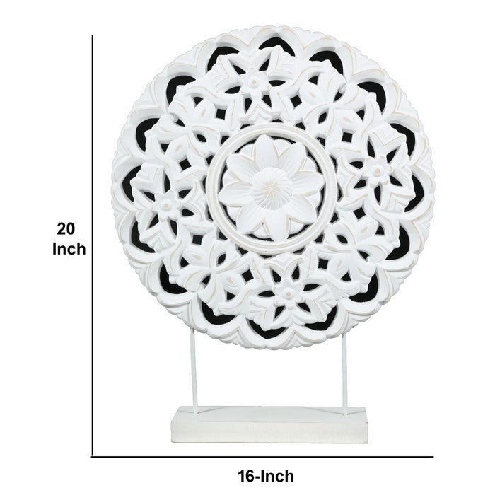 Round Wooden Accent Decor with Floral Cut Out, White