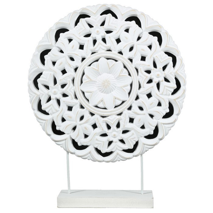 Round Wooden Accent Decor with Floral Cut Out, White
